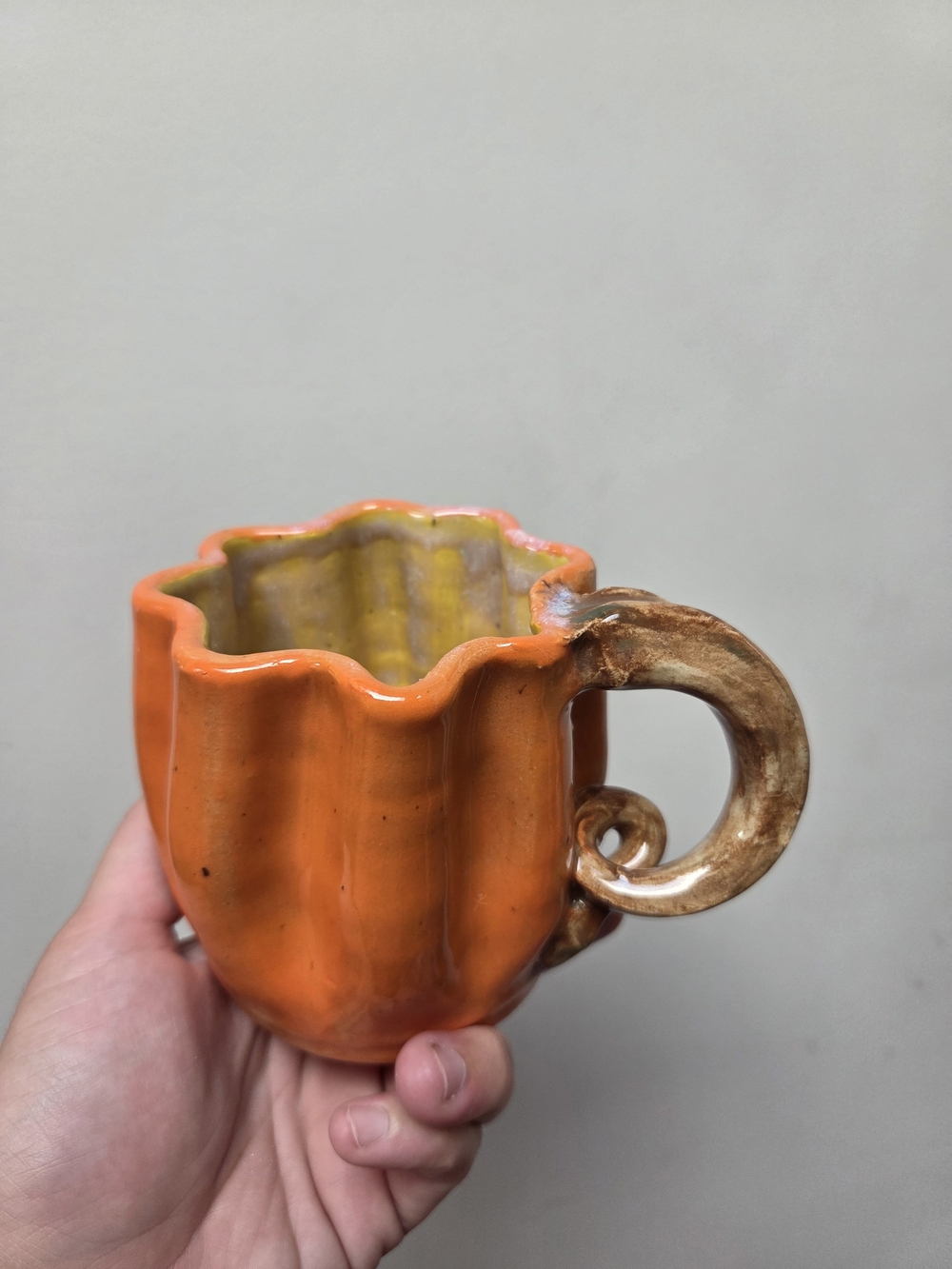 Handcrafted Orange Ceramic Pumpkin Mug with Brown Handle - Home Art